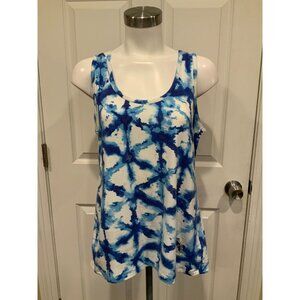Michael Kors Blue & White Floral Tie-Dye Tank Top W/ Sequin Logo, Size Large